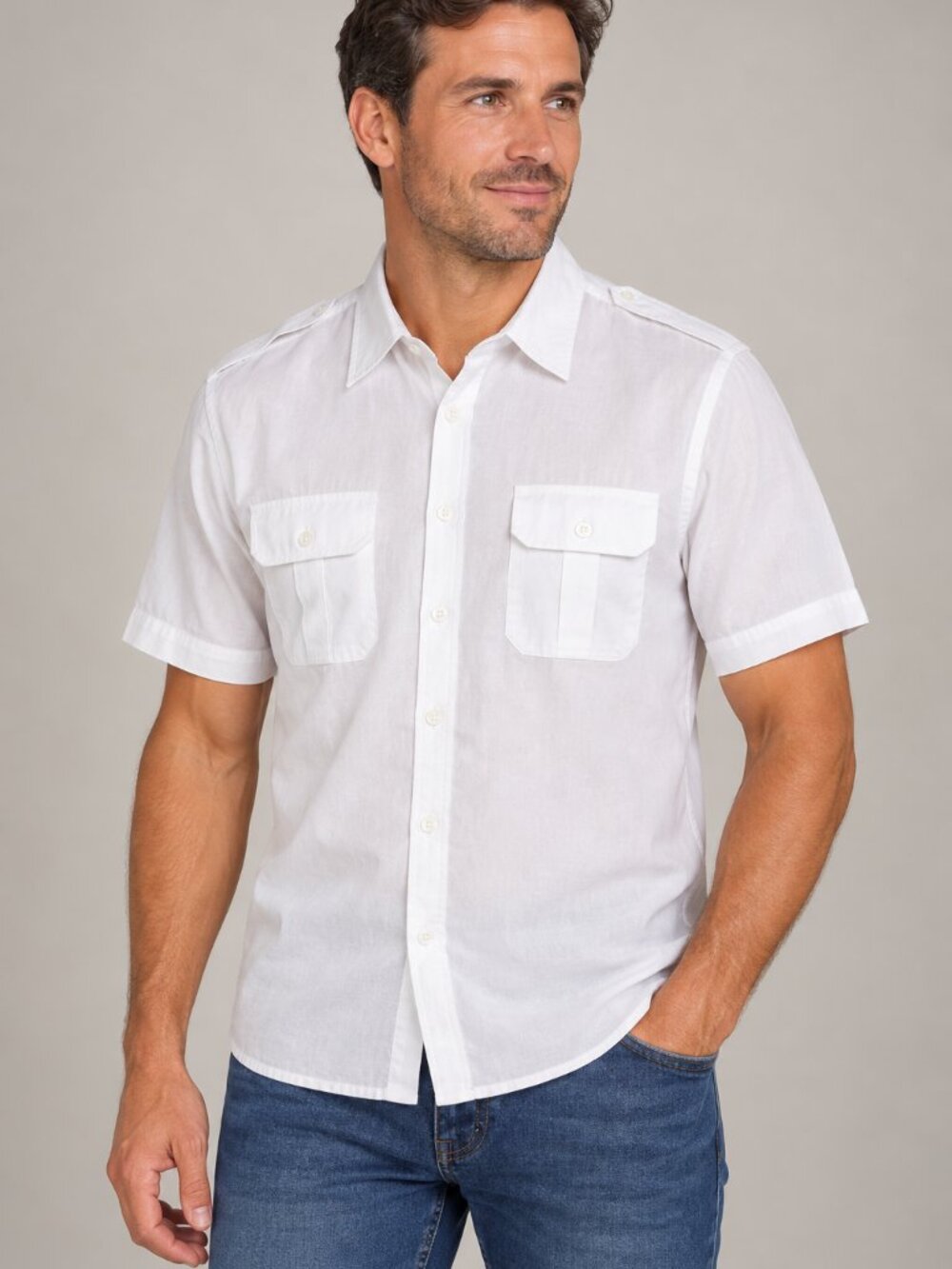 Weeds L White Short Sleeve Button Down Shirt Utility Safari Military Style